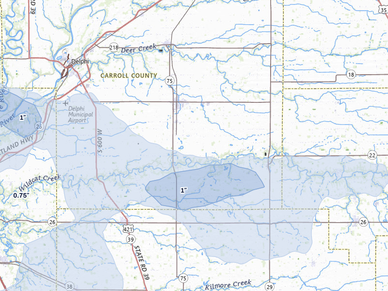 NEXRAD radar-signature map of the hail storm over Bringhurst, IN on Jun 6, 2026
