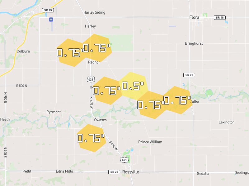 Hail map of Bringhurst, IN on Jun 6, 2026, hail up to 0.75"