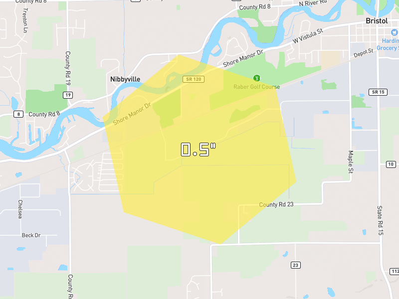 Hail map of Bristol, IN on Jul 3, 2026, hail up to 0.5"