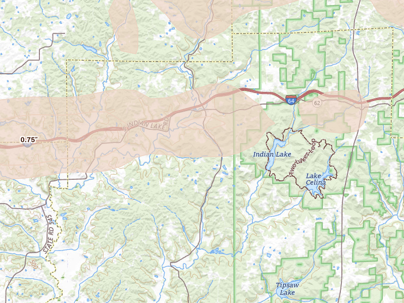 Radar-estimated hail-size map of the storm over Bristow, IN on May 16, 2026