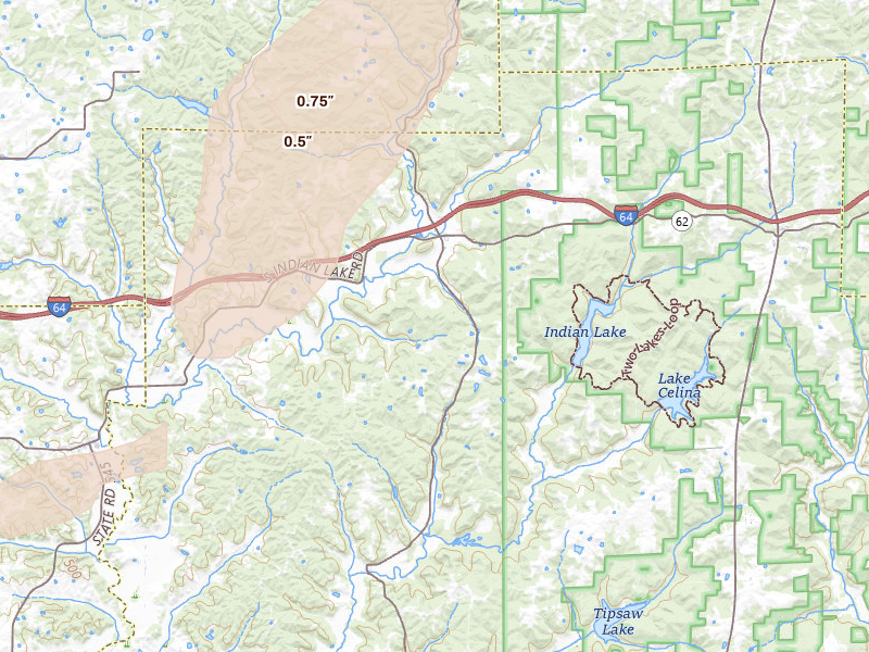 Radar-estimated hail-size map of the storm over Bristow, IN on May 19, 2026