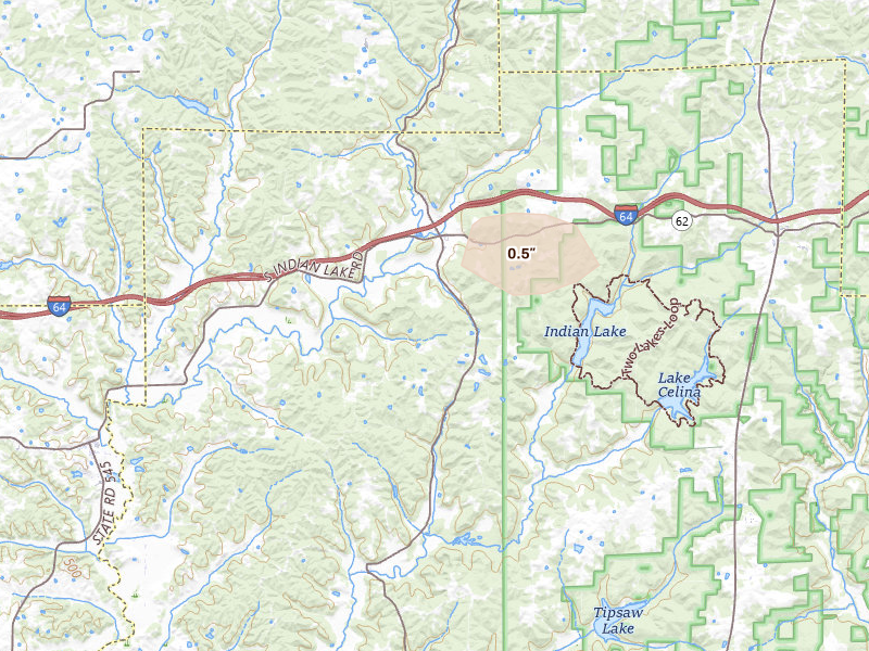 Radar-estimated hail-size map of the storm over Bristow, IN on Jun 25, 2026