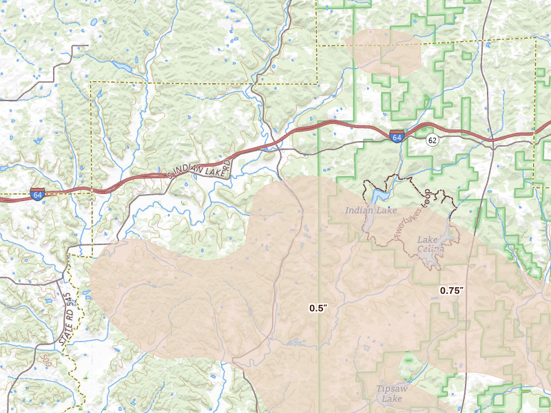 Radar-estimated hail-size map of the storm over Bristow, IN on Jul 21, 2026