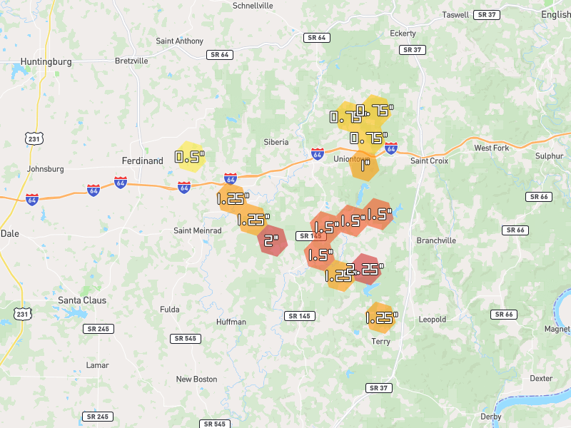 Hail map of Bristow, IN on Jul 21, 2026, hail up to 2.25"