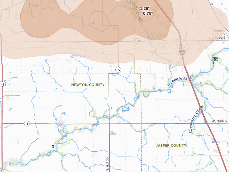 Radar-estimated hail-size map of the storm over Brook, IN on Apr 13, 2026