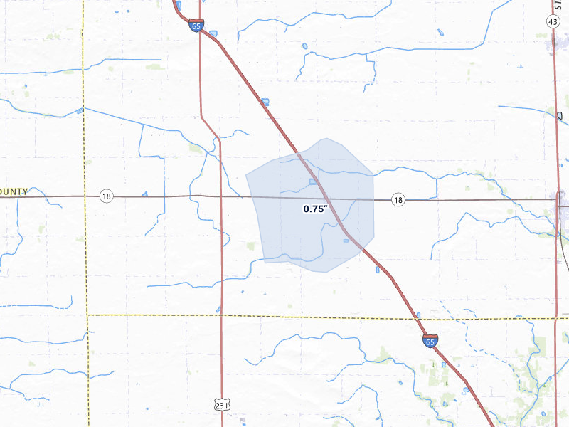 NEXRAD radar-signature map of the hail storm over Brookston, IN on May 4, 2026