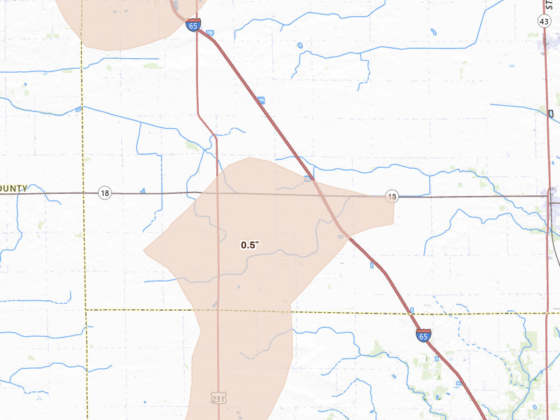 Radar-estimated hail-size map of the storm over Brookston, IN on Jun 5, 2026