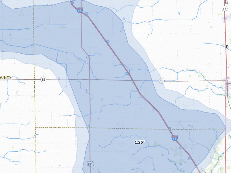 NEXRAD radar-signature map of the hail storm over Brookston, IN on Jun 5, 2026