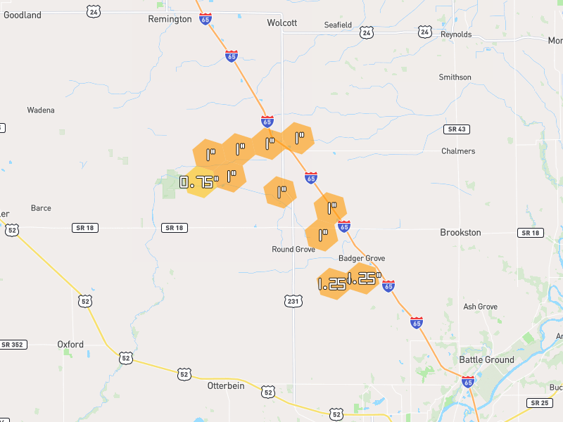 Hail map of Brookston, IN on Jun 6, 2026, hail up to 1.25"