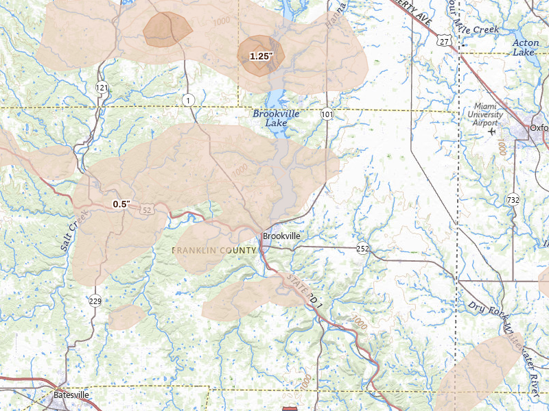 Radar-estimated hail-size map of the storm over Brookville, IN on Aug 7, 2026