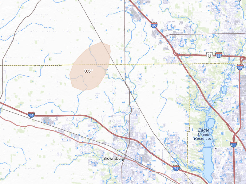 Radar-estimated hail-size map of the storm over Brownsburg, IN on May 4, 2026