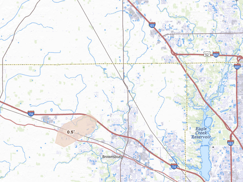 Radar-estimated hail-size map of the storm over Brownsburg, IN on Jun 9, 2026