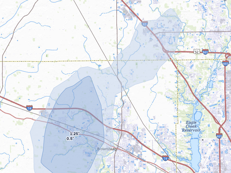 NEXRAD radar-signature map of the hail storm over Brownsburg, IN on Jun 9, 2026