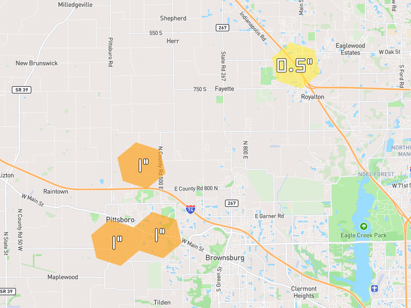 Hail map of Brownsburg, IN on Jun 9, 2026, hail up to 1"