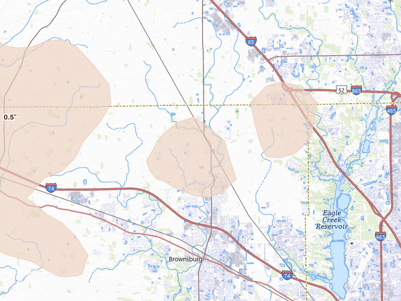 Radar-estimated hail-size map of the storm over Brownsburg, IN on Aug 11, 2026