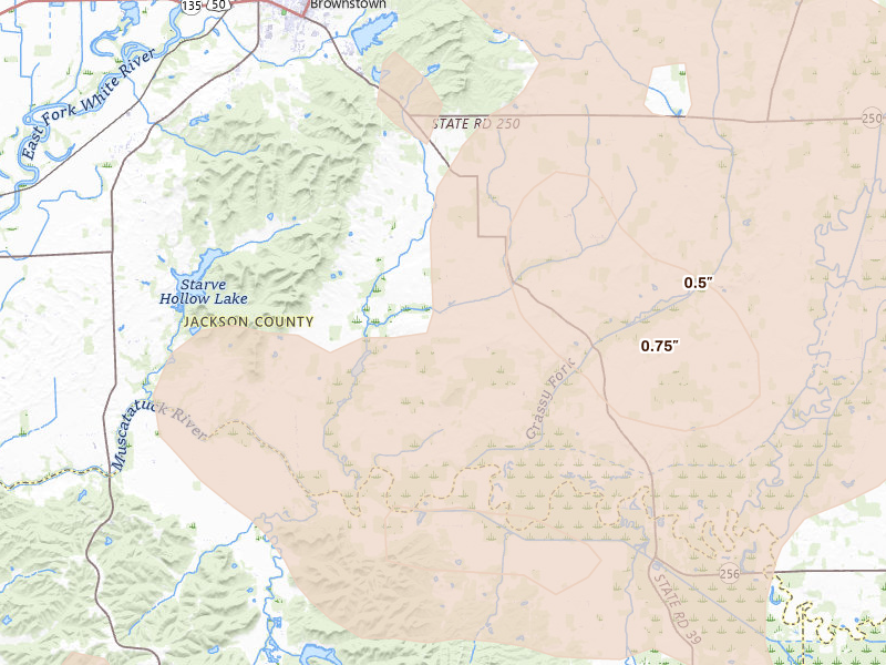 Radar-estimated hail-size map of the storm over Brownstown, IN on Apr 27, 2026