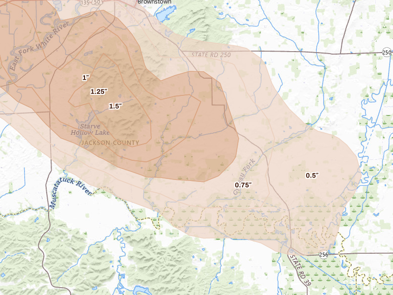 Radar-estimated hail-size map of the storm over Brownstown, IN on Jul 21, 2026