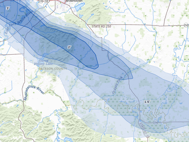 NEXRAD radar-signature map of the hail over Brownstown, IN