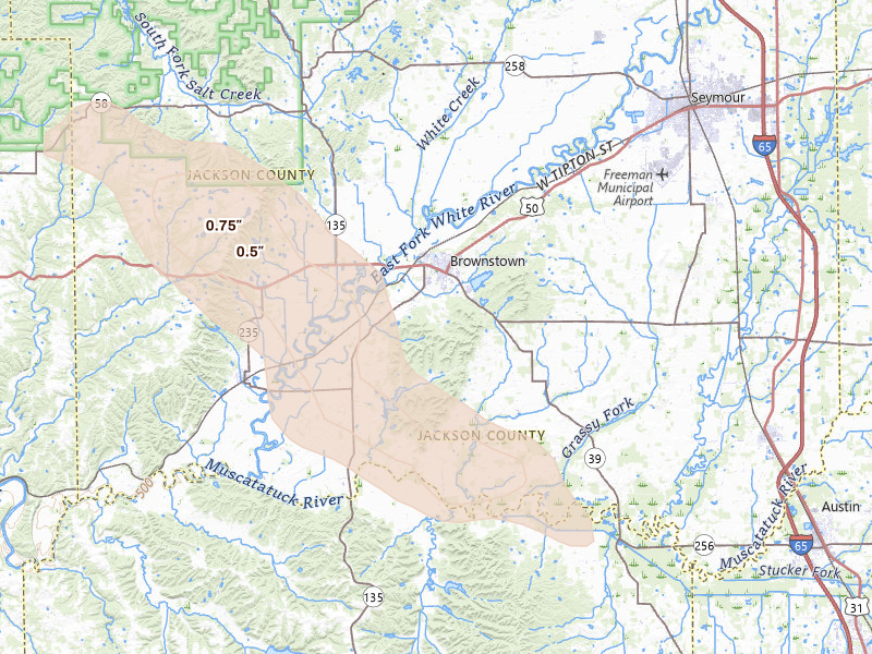 Radar-estimated hail-size map of the storm over Brownstown, IN on Aug 26, 2026