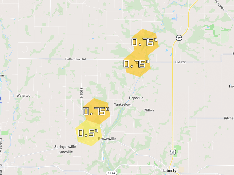 Hail map of Brownsville, IN on Jul 3, 2026, hail up to 0.75"
