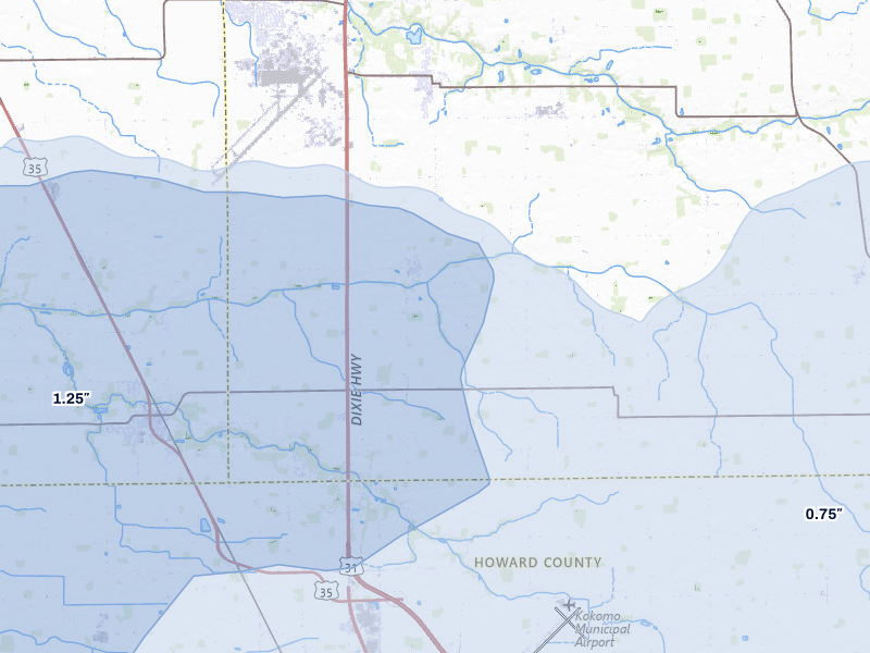 NEXRAD radar-signature map of the hail storm over Bunker Hill, IN on Mar 22, 2026
