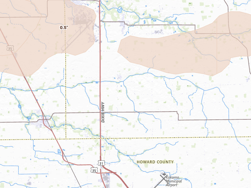Radar-estimated hail-size map of the storm over Bunker Hill, IN on Jun 16, 2026