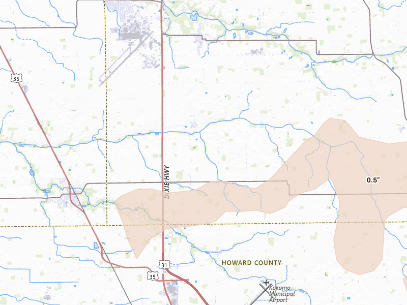 Radar-estimated hail-size map of the storm over Bunker Hill, IN on Aug 11, 2026