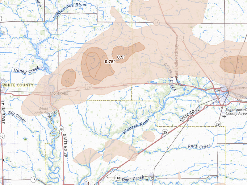 Radar-estimated hail-size map of the storm over Burnettsville, IN
