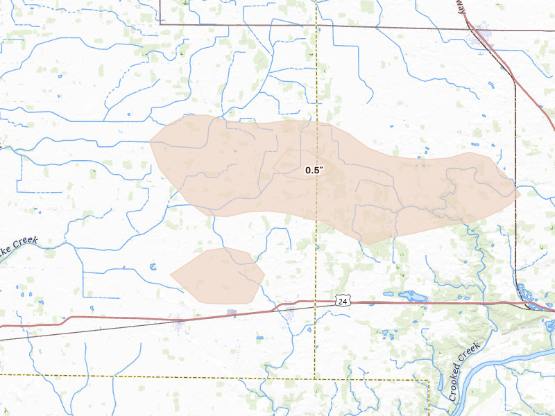 Radar-estimated hail-size map of the storm over Burnettsville, IN on Aug 10, 2026