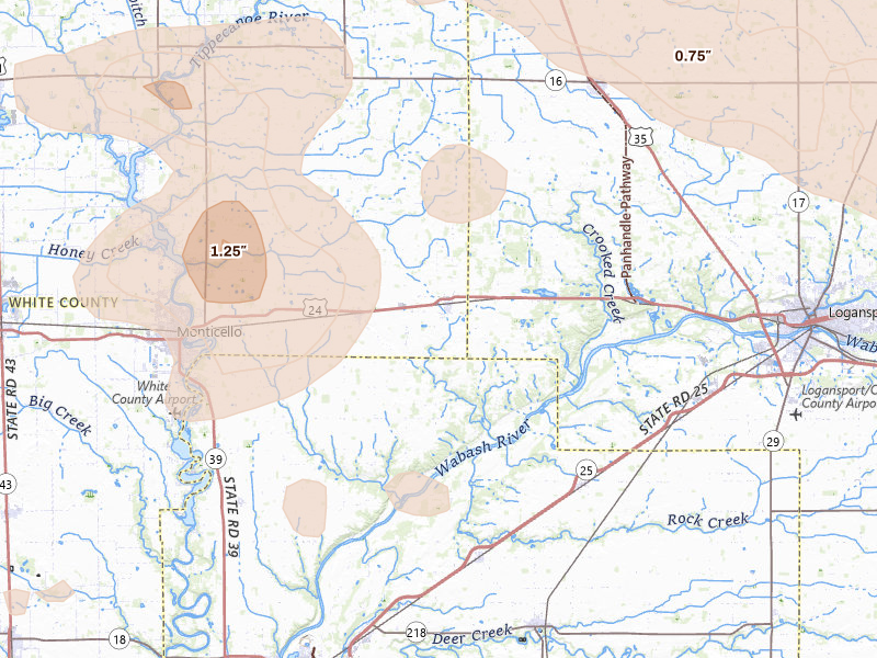 Radar-estimated hail-size map of the storm over Burnettsville, IN on Aug 11, 2026