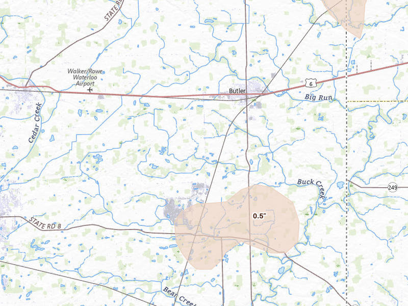 Radar-estimated hail-size map of the storm over Butler, IN on Sep 4, 2026