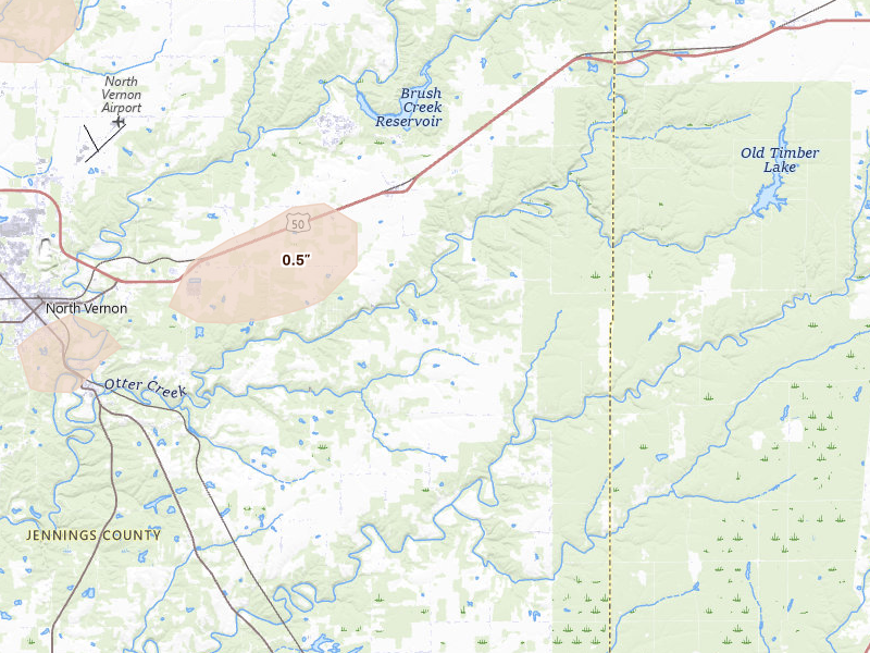 Radar-estimated hail-size map of the storm over Butlerville, IN on May 16, 2026