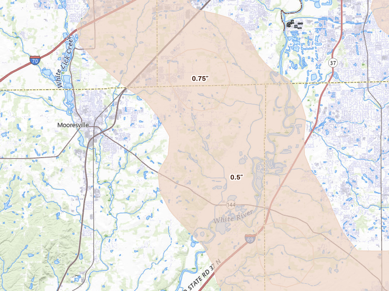 Radar-estimated hail-size map of the storm over Camby, IN on Jul 27, 2026
