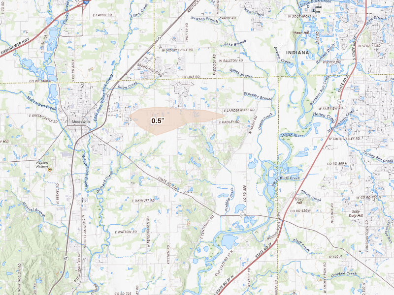 Radar-estimated hail-size map of the storm over Camby, IN on Sep 16, 2026
