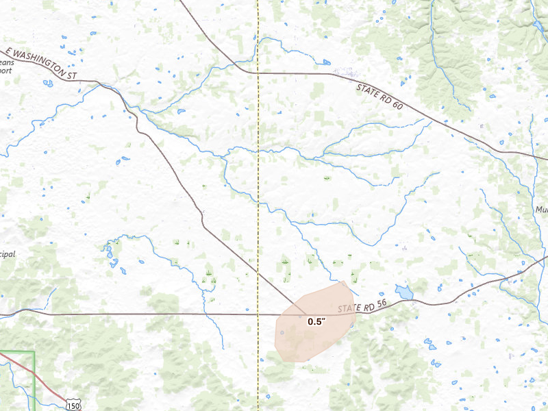 Radar-estimated hail-size map of the storm over Campbellsburg, IN on May 18, 2026