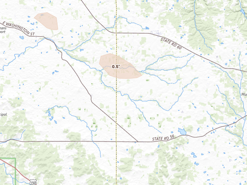 Radar-estimated hail-size map of the storm over Campbellsburg, IN on Jun 25, 2026