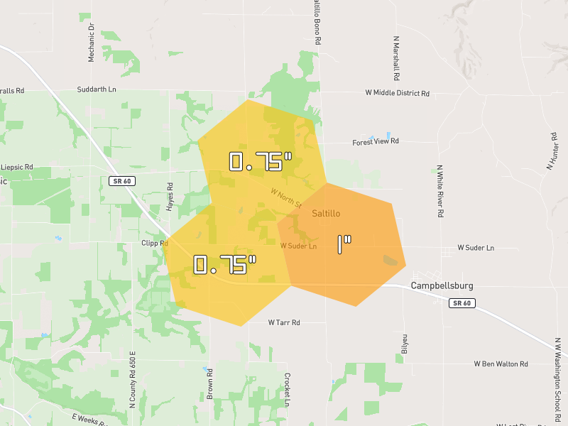 Hail map of Campbellsburg, IN on Jul 3, 2026, hail up to 1"