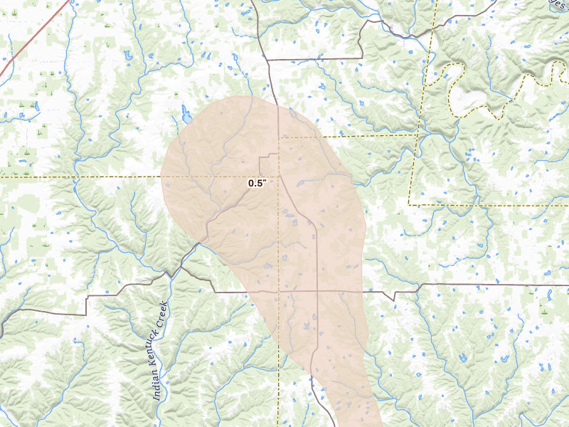 Radar-estimated hail-size map of the storm over Canaan, IN on Aug 11, 2026