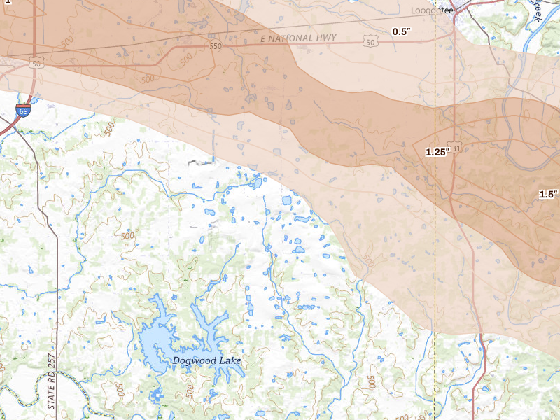 Radar-estimated hail-size map of the storm over Cannelburg, IN on Mar 22, 2026
