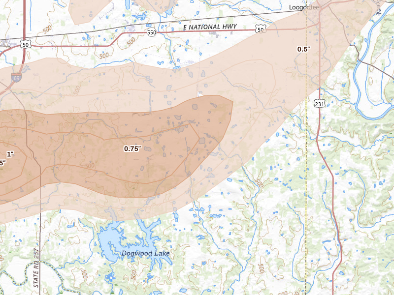 Radar-estimated hail-size map of the storm over Cannelburg, IN on May 16, 2026