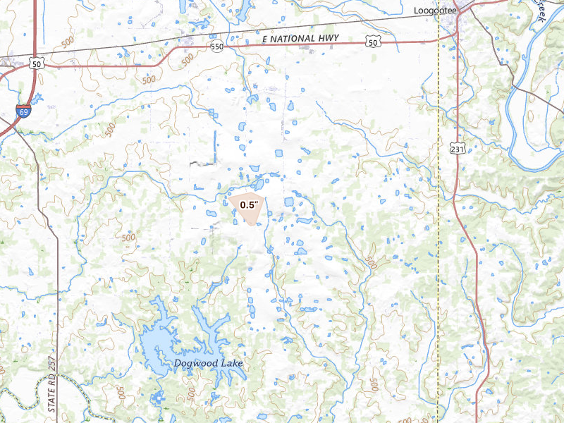 Radar-estimated hail-size map of the storm over Cannelburg, IN on Jul 5, 2026