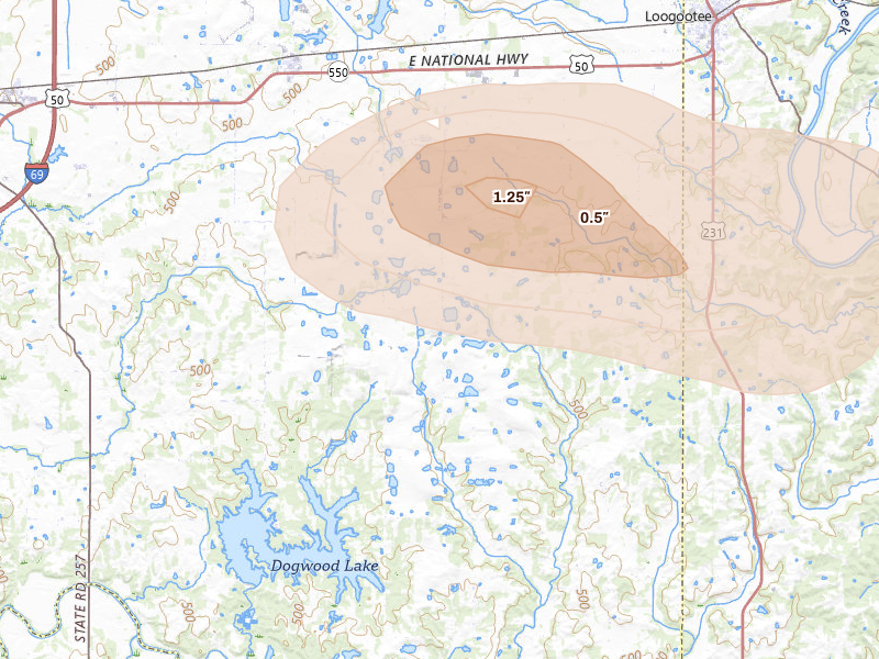 Radar-estimated hail-size map of the storm over Cannelburg, IN on Aug 11, 2026