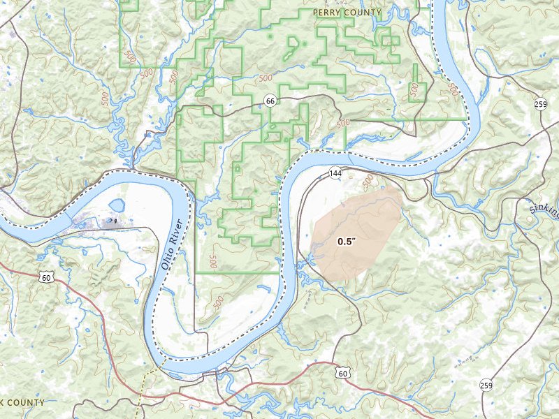 Radar-estimated hail-size map of the storm over Cannelton, IN on May 19, 2026