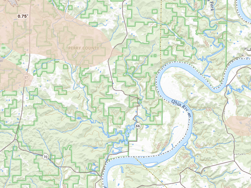 Radar-estimated hail-size map of the storm over Cannelton, IN on Jul 21, 2026