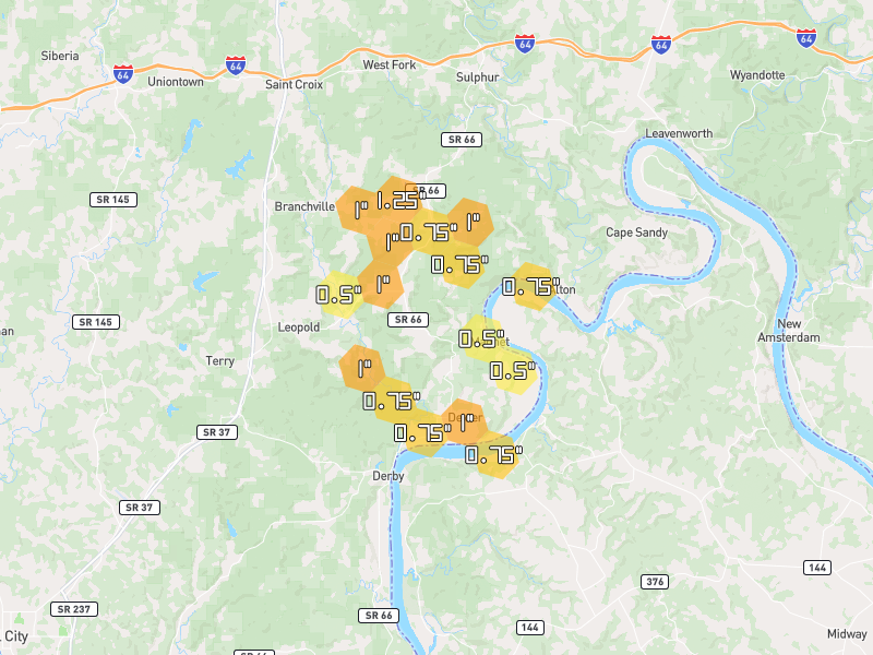 Hail map of Cannelton, IN on Jul 21, 2026, hail up to 1.25"