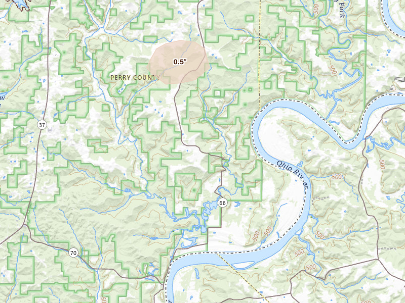 Radar-estimated hail-size map of the storm over Cannelton, IN on Aug 26, 2026