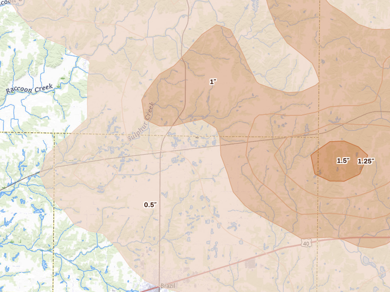 Radar-estimated hail-size map of the storm over Carbon, IN on Aug 11, 2026
