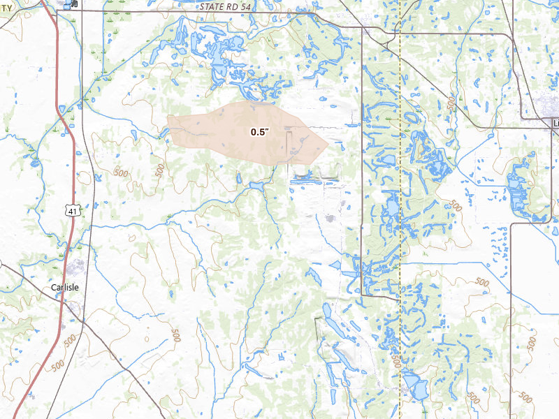 Radar-estimated hail-size map of the storm over Carlisle, IN on May 3, 2026
