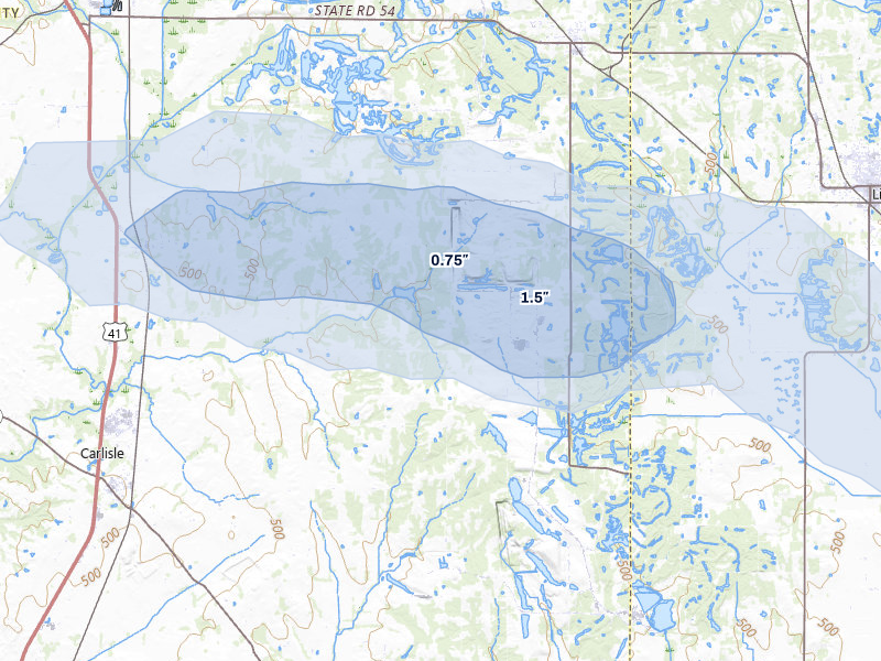 NEXRAD radar-signature map of the hail storm over Carlisle, IN on May 3, 2026