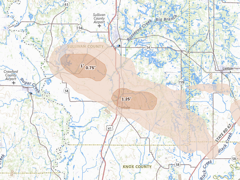 Radar-estimated hail-size map of the storm over Carlisle, IN on Aug 11, 2026